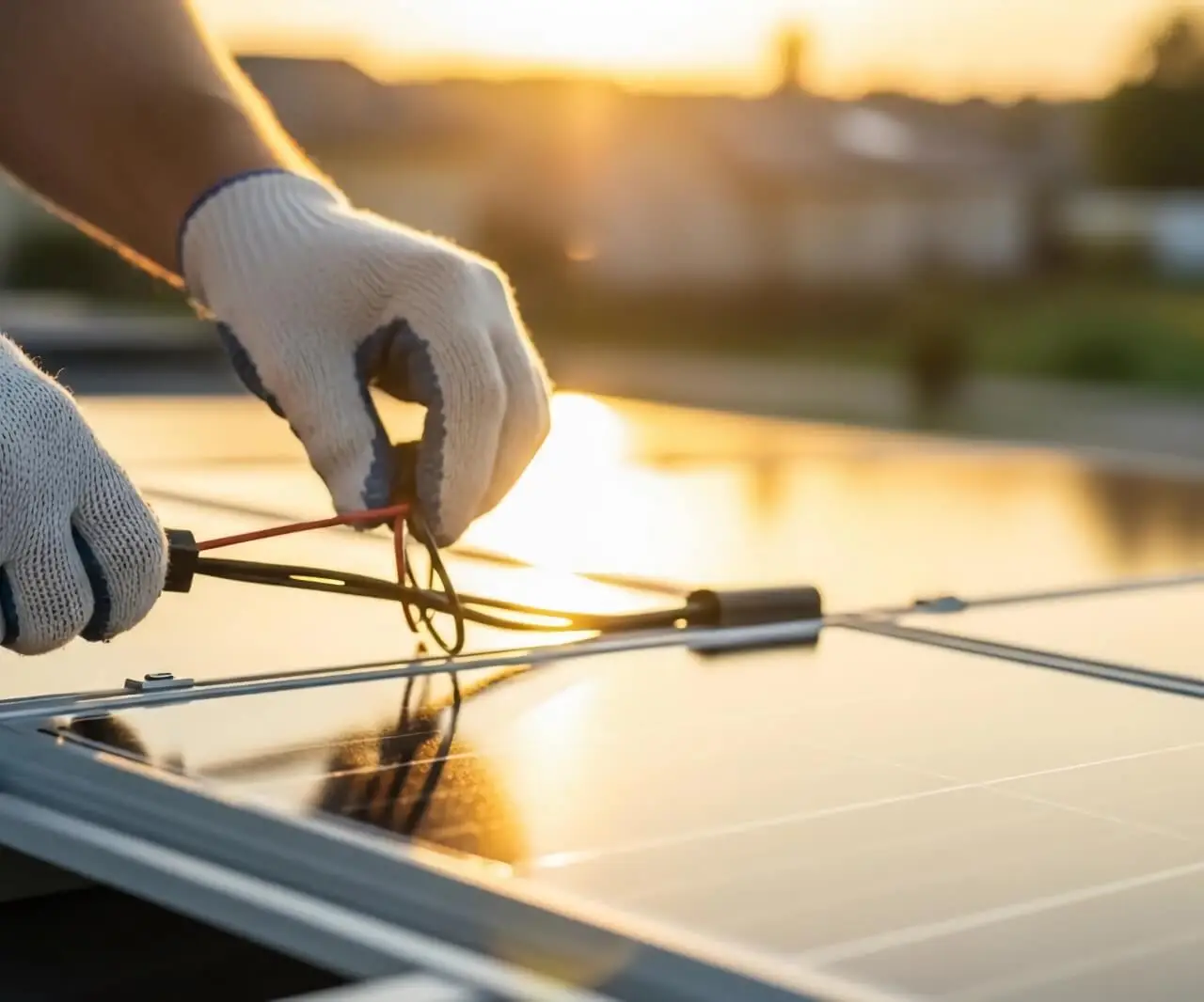 Technicien raccordant les câbles d'un panneau solaire au coucher du soleil pour Alvéa Solaire