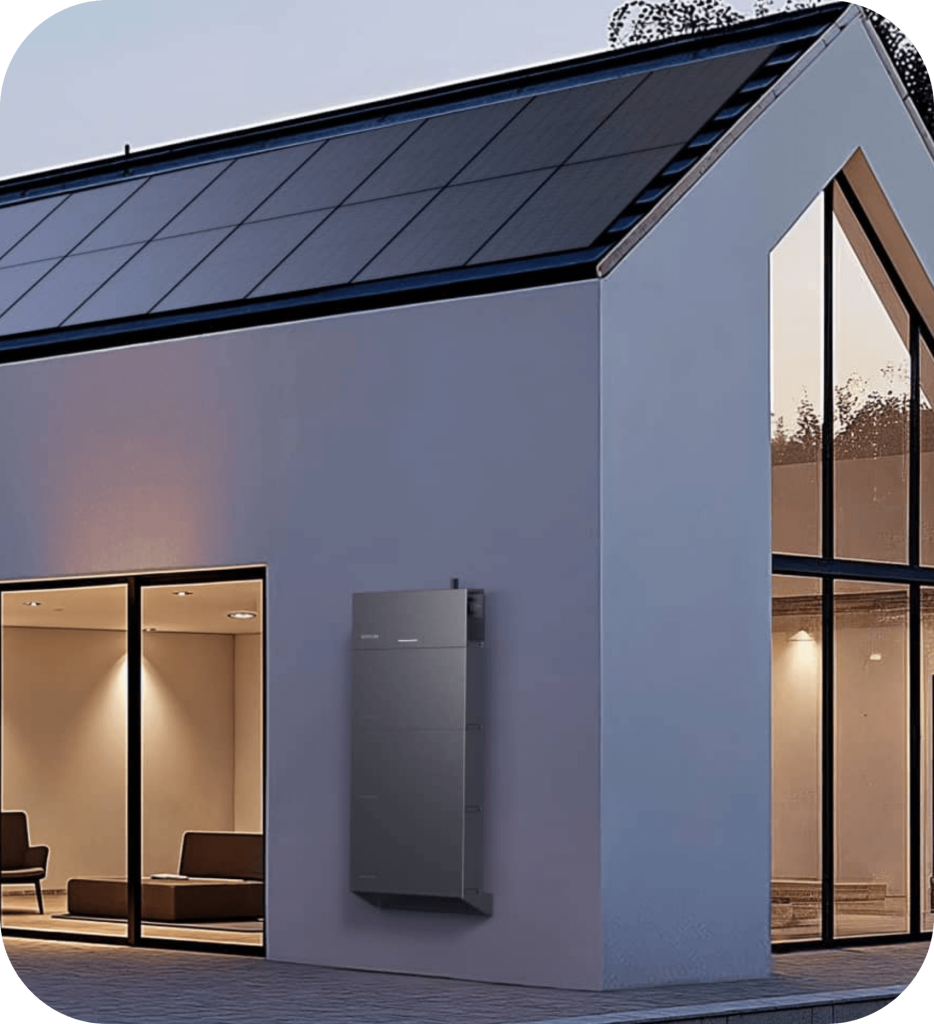 Batterie de stockage solaire en façade d'une maison moderne avec panneaux photovoltaïques — Alvéa Solaire, Dinan